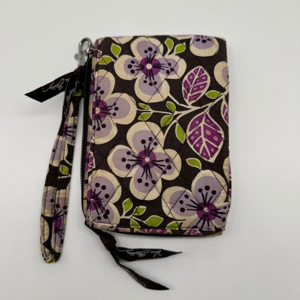 Vera Bradley Wristlet Wallet Brown Purple Floral Quilted Cotton